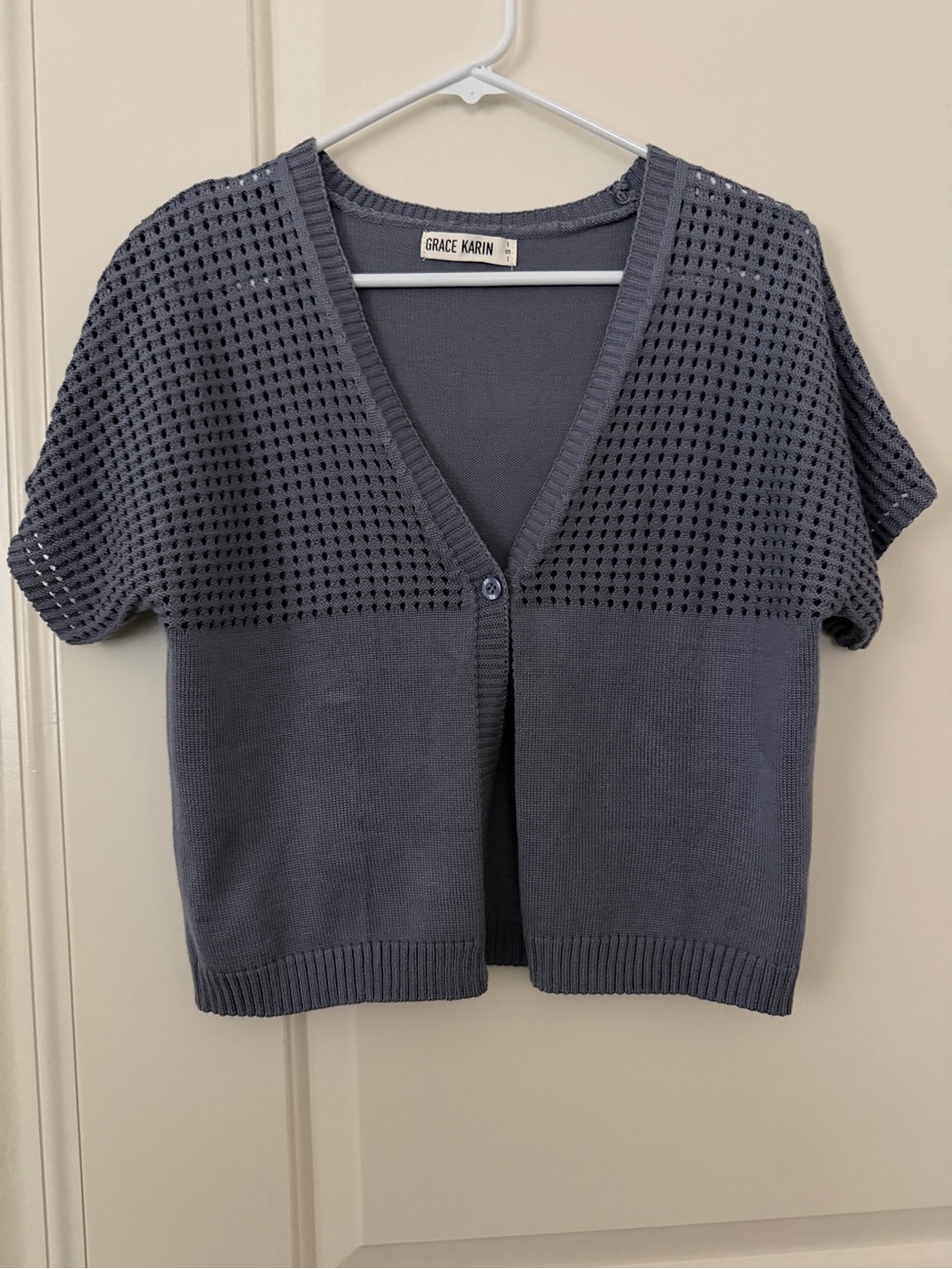 Grace Karin Short Sleeve Openwork V-Neck Cardigan - Blue Gray